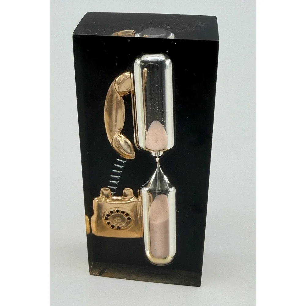 Vintage MCM Lucite Telephone Coral Sand Hourglass Timer Paperweight